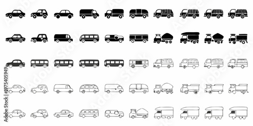 Collection of various black silhouette vehicle icons arranged in rows