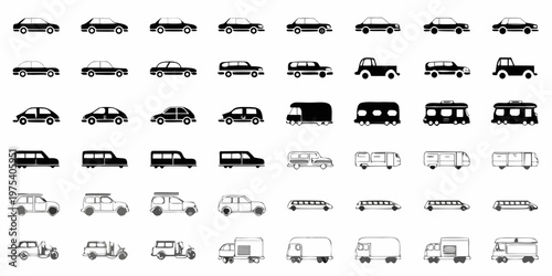 Collection of simple black and white vehicle icons arranged in a grid pattern