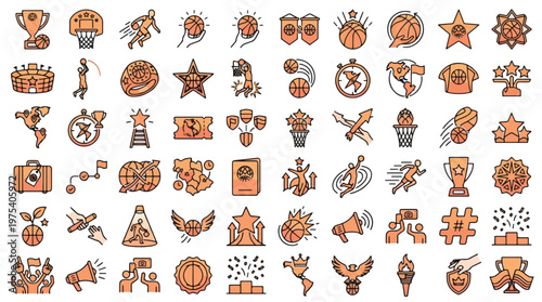 Women's and Men's Basketball Icon Set in Linear Style. Collection of sports icons, including basketball, ball, hoop, trophy, player, slam dunk, arena, tournament, medal, global