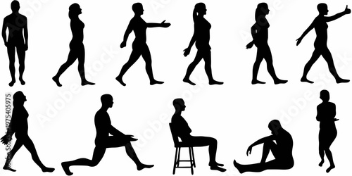 Collection of black silhouettes depicting various human poses and activities