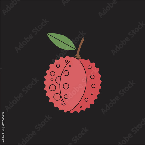 Flat Design Minimal Illustration Isolated Red Lychee Fruit Dark Background
