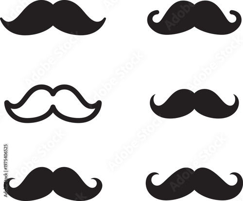 Collection of six different black mustache silhouettes
