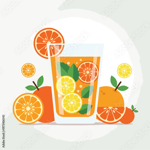 Flat Design Pixel Art Orange Citrus Summer Drink With Mint Leaves