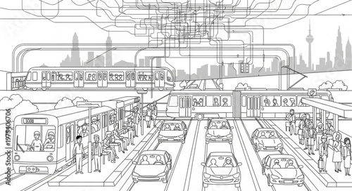 Futuristic Cityscape with High-Speed Trains and Cars.