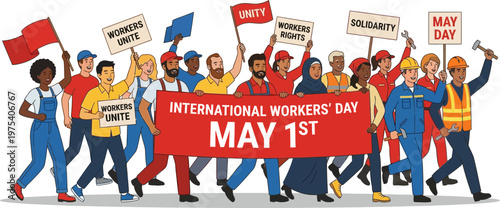 International Workers Day Protest March with Diverse Group Holding Signs