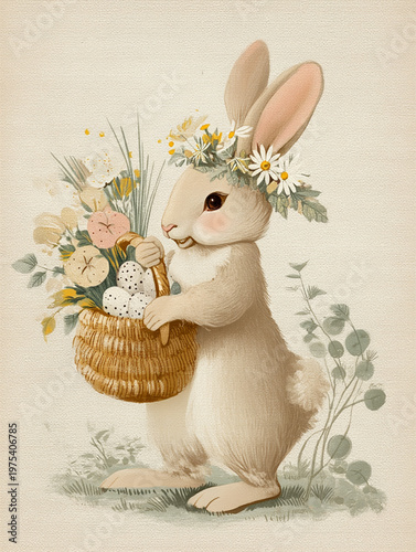 Vintage style Easter bunny with floral crown and wicker basket of eggs