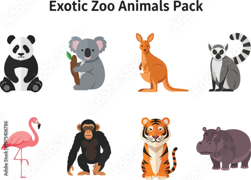 Exotic zoo animal illustrations including panda, koala, kangaroo, lemur, flamingo, chimpanzee, tiger, and hippopotamus