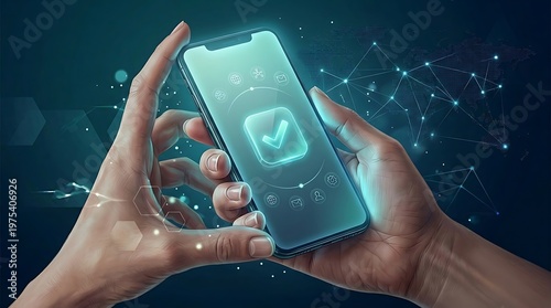 Person holding a smartphone displaying a verified checkmark and digital network connections