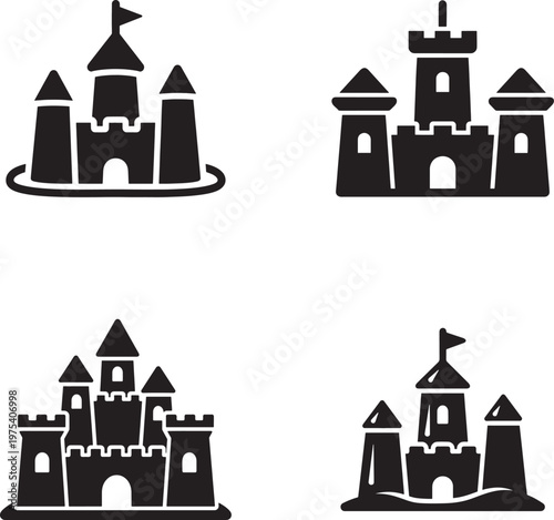 Collection of four black silhouette sand castle icons in different styles
