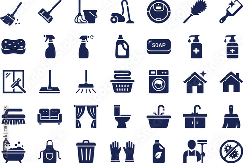 Cleaning icons, household chores vector, hygiene tools symbols, sanitation graphics, home care elements, blue silhouette design, cleaning supplies illustration, domestic maintenance visuals