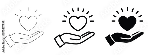 Heart in hand in three styles, love and care concept, support and compassion symbol, minimal outline flat and filled variations