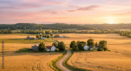 Golden Farmland Sunset with Countryside Homestead
