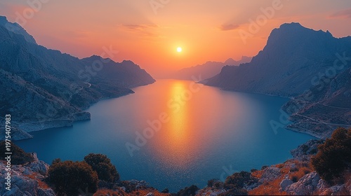 Majestic Sunset Over Serene Mountain Lake with Golden Sunbeams and Dramatic Peaks