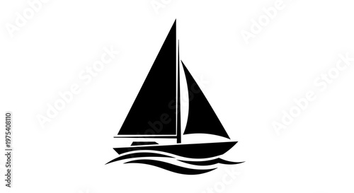 A minimalist black silhouette illustration of a sailboat on water.