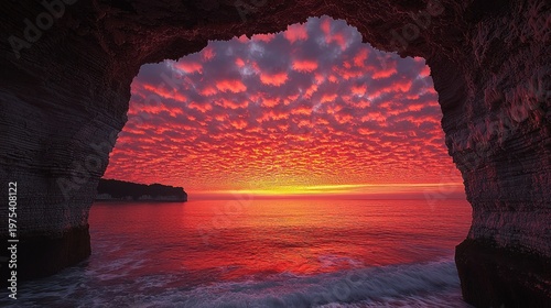 A Grotto's View of a Fiery Mackerel Sky Over a Crimson Ocean