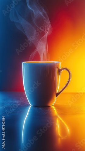 Steaming Coffee Cup with Dramatic Lighting and Vibrant Color Gradient Reflection