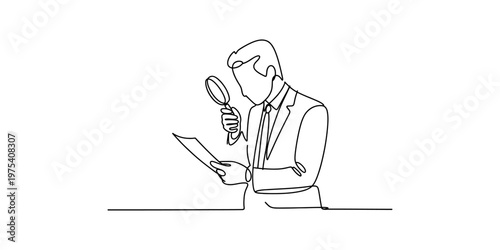 A continuous line drawing of a businessman examining a document with a magnifying glass tool Vector, illustration