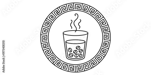 Black and white line art illustration of a steaming cup of coffee inside a greek key pattern. Vector, illustration