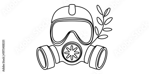 A simple black and white line art illustration of a protective gas mask with a small leaf sprig Vector, illustration