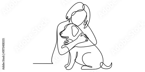 A single continuous line drawing of a woman gently hugging her beloved pet dog with affection. Vector, illustration