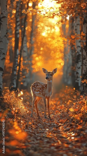 Enchanting Autumnal Scene - A Fawn Stands Amidst Golden Foliage and Sunlight.