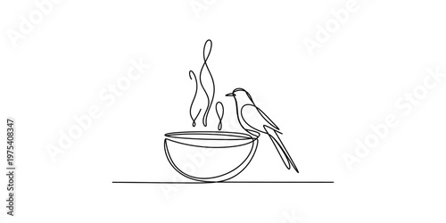 A continuous line drawing depicting a small bird perched on the edge of a steaming hot bowl. Vector, illustration