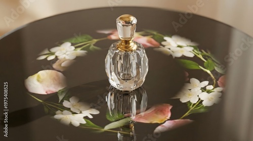 Elegant perfume bottle placed on a reflective glass surface surrounded by floral elements, creating a delicate and artistic fragrance scene.
