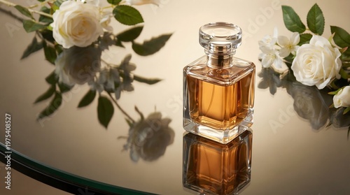 Luxury perfume bottle with warm tones and elegant floral decorations, highlighting a rich and premium fragrance presentation.