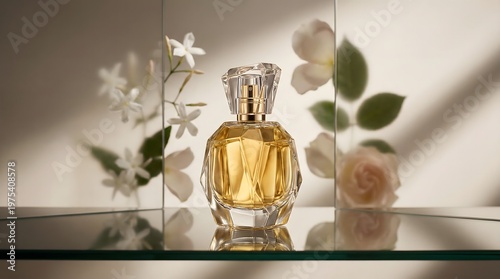 Perfume bottle styled with botanical elements and soft natural light, creating a fresh and modern fragrance composition.