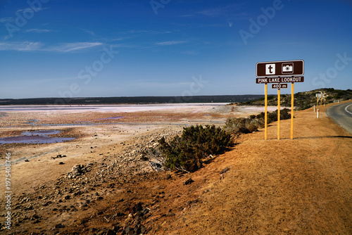 Hutt Lagoon pink salt lakes lookout sign overlooking th salt flats