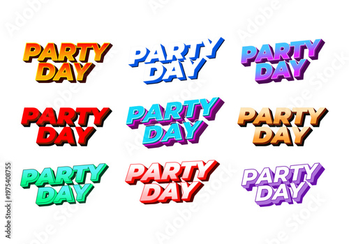 Grid of nine colorful 3d retro style party day text logos in different color schemes on white background