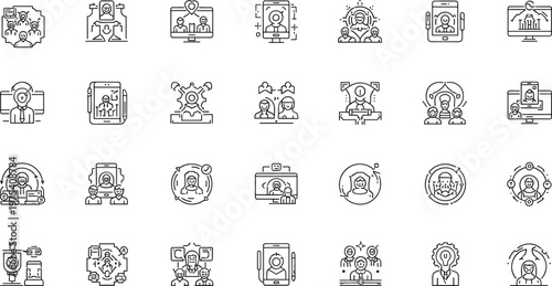 Human resources line icons, recruitment vector set, teamwork outline symbols, job interview graphics, professional networking illustrations, HR management pack