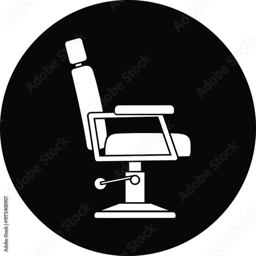 Barber chair silhouette icon in black circle professional salon furniture graphic for hair styling.