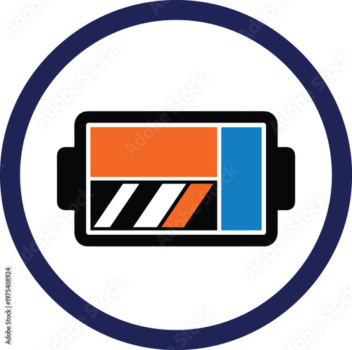 Battery charge indicator in circle, half full with orange and blue segments on grey background.