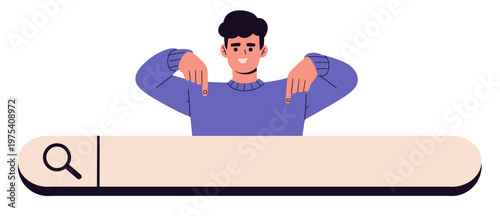Flat vector illustration of a smiling man pointing down at a search bar with a magnifying glass icon. ideal for website UI, app design, SEO, navigation, and digital marketing visuals.