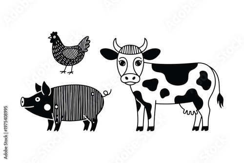 Black and white of a chicken a pig and a cow cartoon farm animals