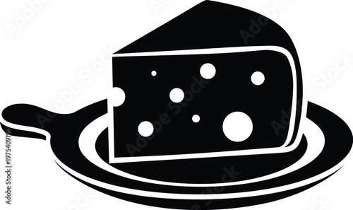 Black silhouette of cheese wedge on serving board with holes isolated on a checkered background vector.