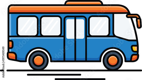 Blue city bus with orange roof and wheels driving on road vector illustration for transport business.