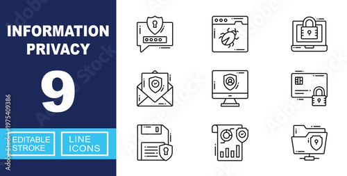 Advanced Information Privacy and Data Integrity. Includes Secure Email Encryption, Protected Cloud Folder, Cyber Malware Scanner, Digital Payment Security, Confidential Data Analysis. Editable stroke 