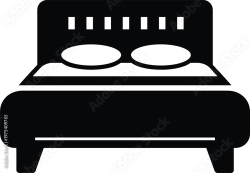 Double bed with pillows and headboard silhouette isolated on transparent background furniture icon.