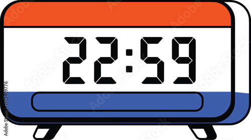 Digital alarm clock icon with orange and blue accents showing twenty two fifty nine on display screen.