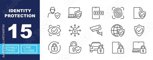 Identity Protection icon set. Includes fingerprint scan, biometric eye verification, user privacy, secure network, surveillance camera. Editable stroke line icons.