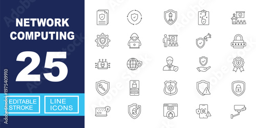 Network Computing and Advanced Cyber Defense. Includes CCTV Security Camera, Hacker Malware Detection, Global Network Protection, Security Strategy Planning, Encrypted Data Coding. Editable stroke 