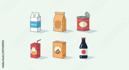 Minimalist Flat Design Food and Beverage Packaging Icon Set with Long Shadows.