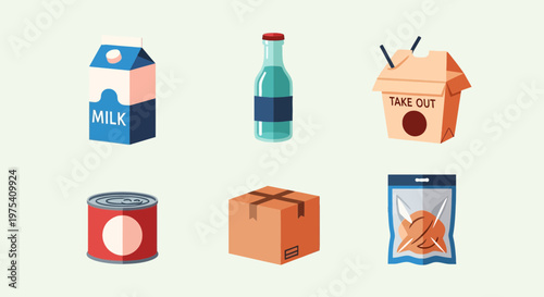 Modern Flat Design Food Packaging and Logistics Icon Set for Product Branding.