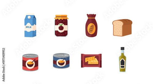 Flat Vector Food and Grocery Packaging Icon Set Collection