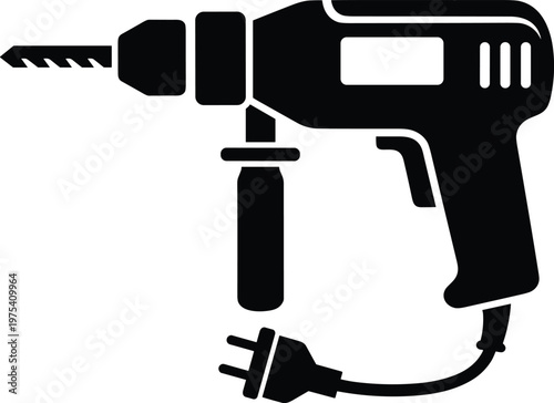 Electric hand drill icon with power cord and bit vector illustration in flat style on checker background.