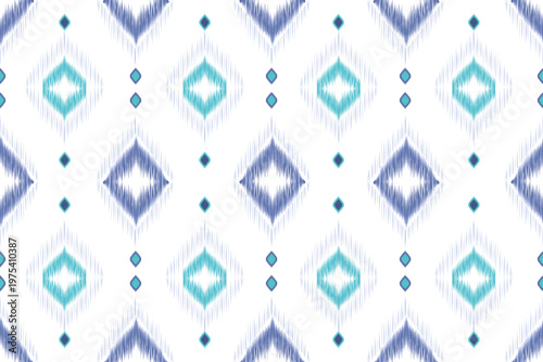  A clean and modern seamless vector pattern featuring traditional Ikat motifs in shades of royal blue and turquoise cyan.