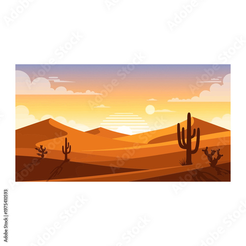 Pixel art desert landscape at sunset with cacti and dunes landscape silhouette