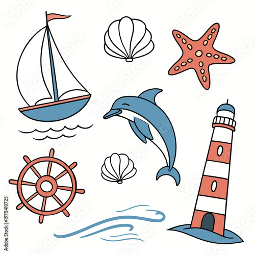 Nautical icons, marine symbols, sailing vector set, ocean illustrations